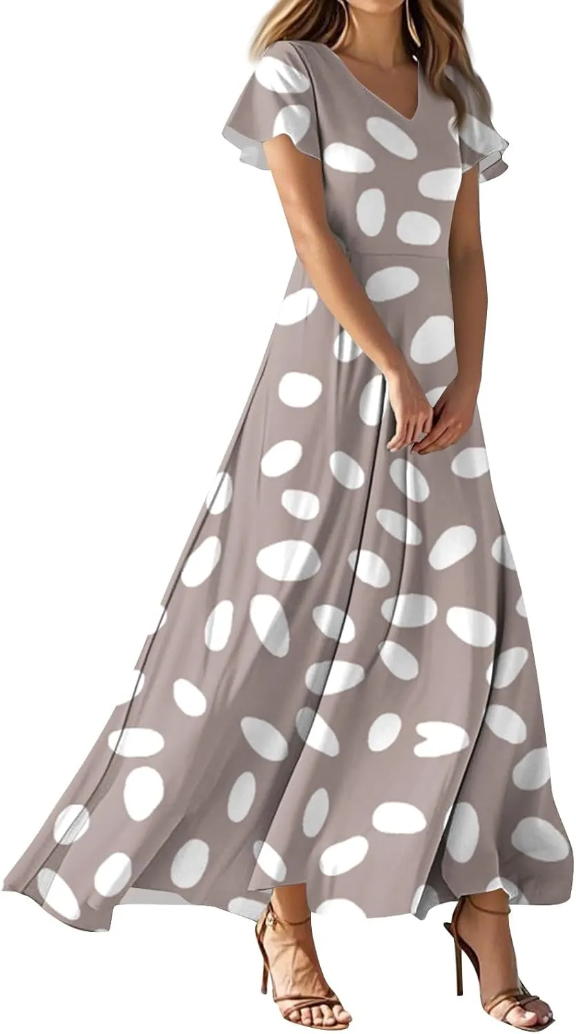 Maxi Dresses for Women 2025 Summer Ruffle Short Sleeve Floral Dress Flowy V Neck Chiffon Maxi Dress Printed Dresses