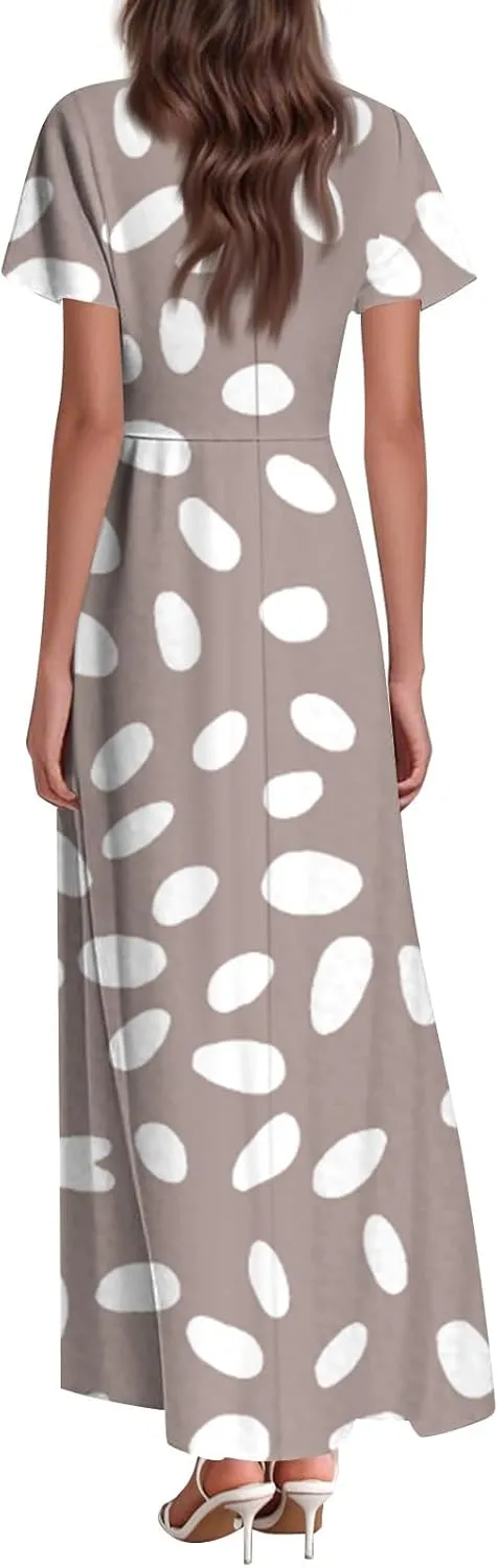 Maxi Dresses for Women 2025 Summer Ruffle Short Sleeve Floral Dress Flowy V Neck Chiffon Maxi Dress Printed Dresses