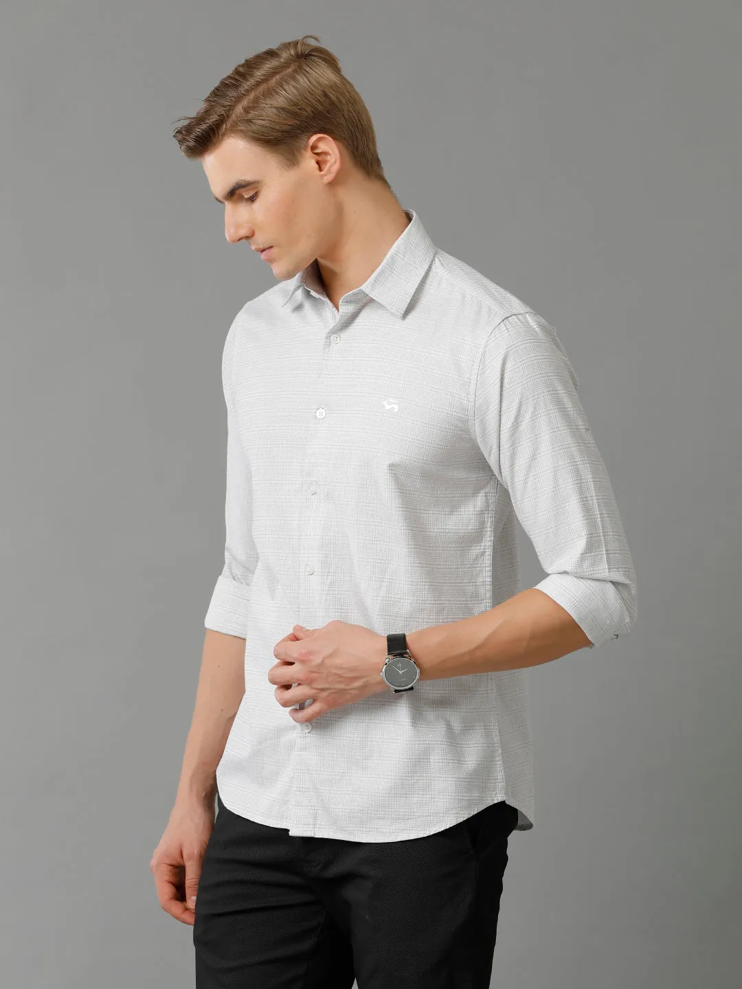Men Light Grey Checked Slim Fit Giza Cotton Casual Shirt