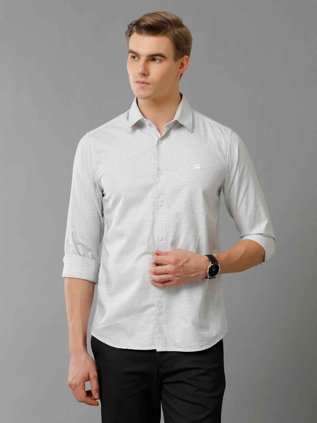 Men Light Grey Checked Slim Fit Giza Cotton Casual Shirt