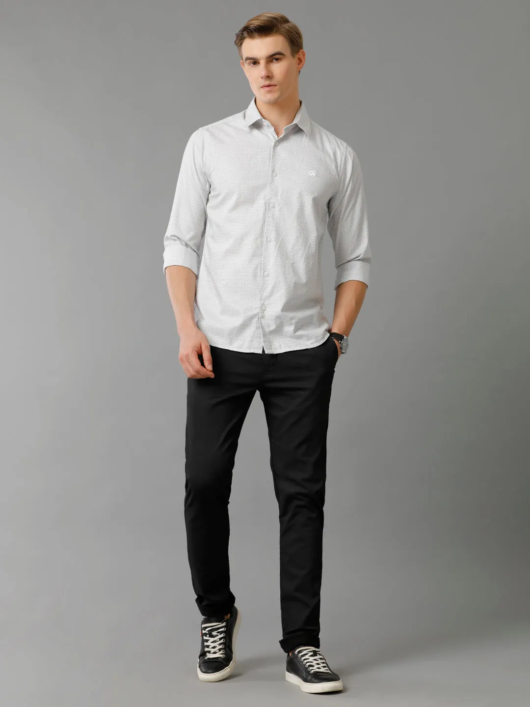 Men Light Grey Checked Slim Fit Giza Cotton Casual Shirt