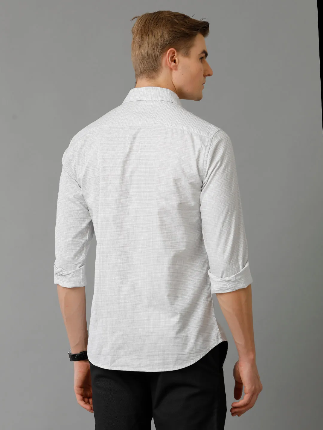 Men Light Grey Checked Slim Fit Giza Cotton Casual Shirt
