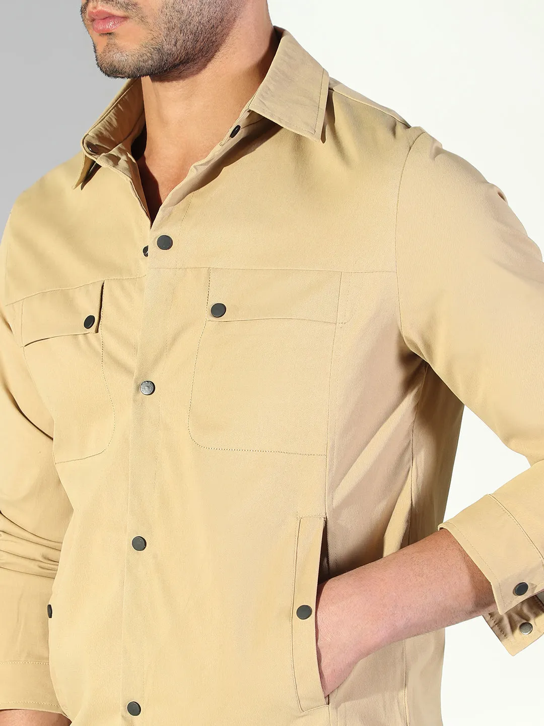 Men Solid Khaki Shacket