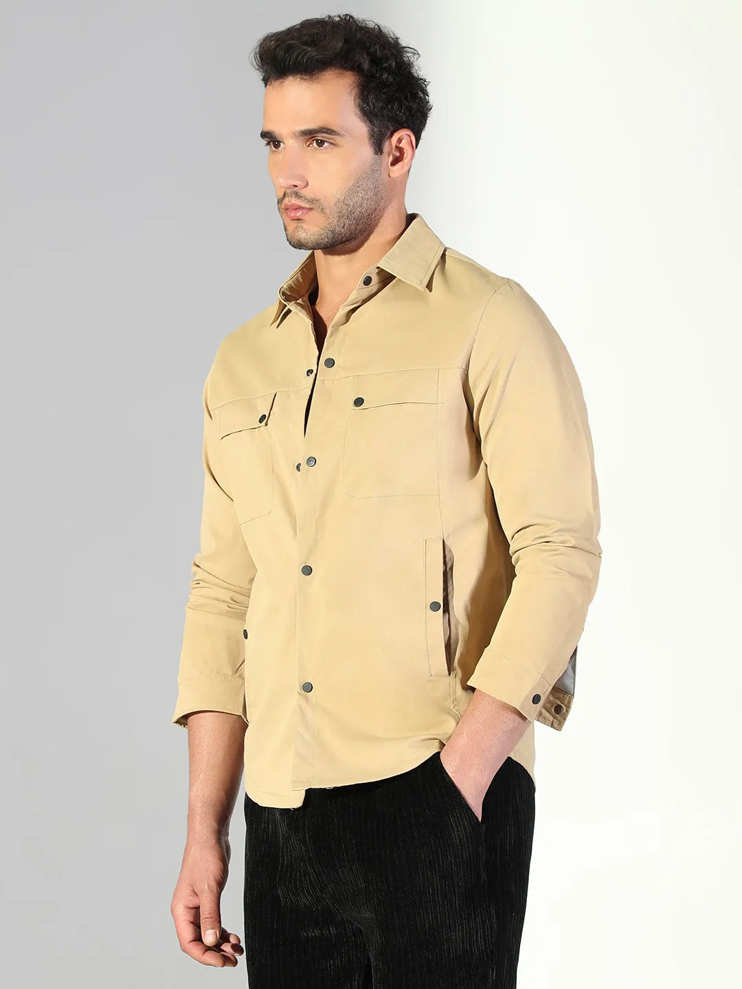 Men Solid Khaki Shacket