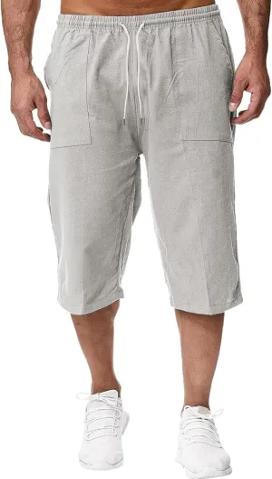 Men's Beach Long Shorts Below Knee Pocketed Joggers Loose Fit 3/4 Summer Cropped Trousers Drawstring Elastic Waist Capri Pant