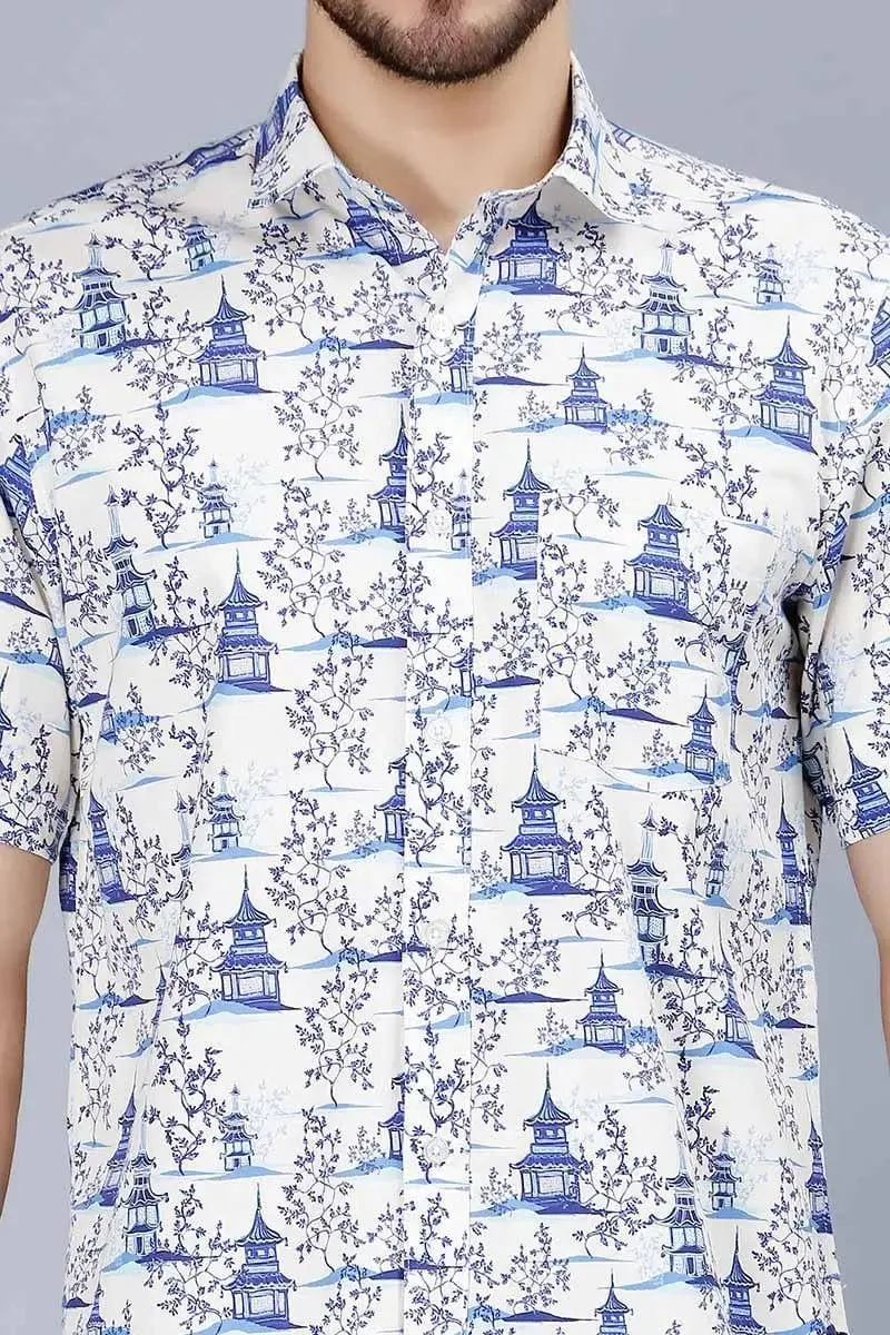 Men's Blue Multi Color Stylish Printed Casual Shirt