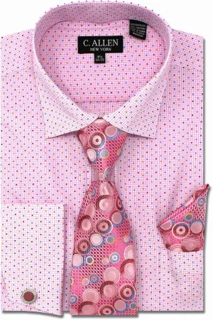 Men's Checks Dot Printed Regular Fit French Cuffs Dress Shirts with Tie Hanky Cufflinks Combo