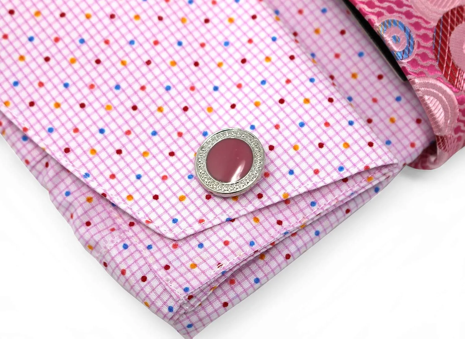 Men's Checks Dot Printed Regular Fit French Cuffs Dress Shirts with Tie Hanky Cufflinks Combo