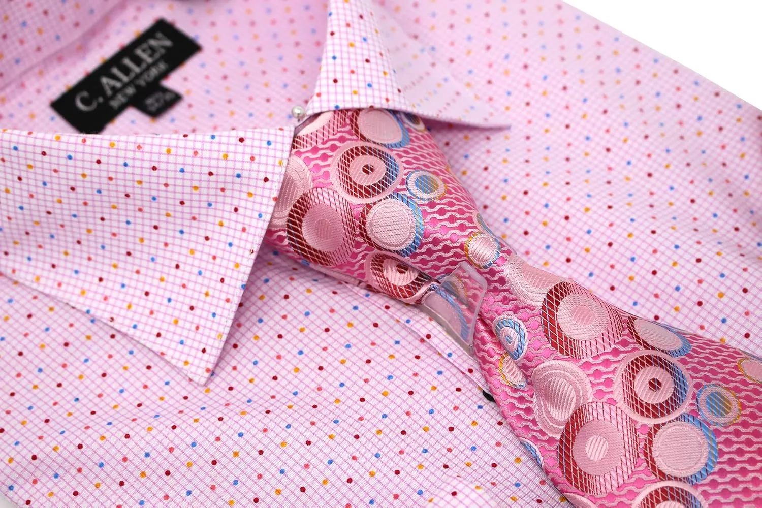 Men's Checks Dot Printed Regular Fit French Cuffs Dress Shirts with Tie Hanky Cufflinks Combo