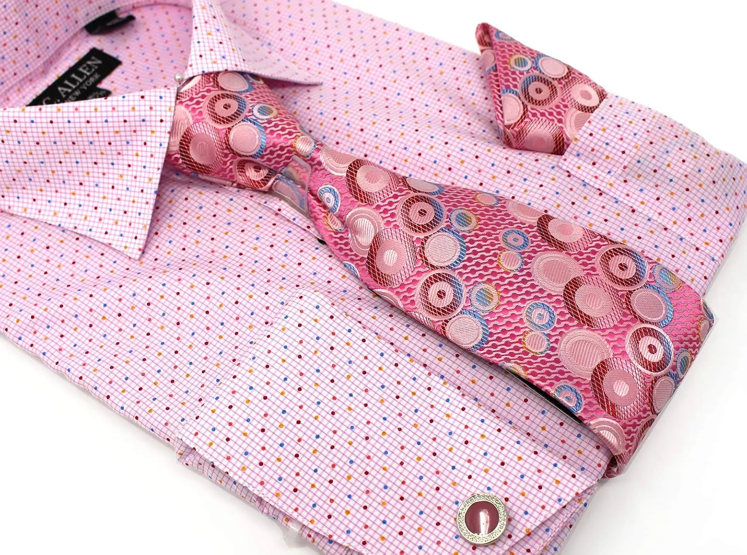 Men's Checks Dot Printed Regular Fit French Cuffs Dress Shirts with Tie Hanky Cufflinks Combo