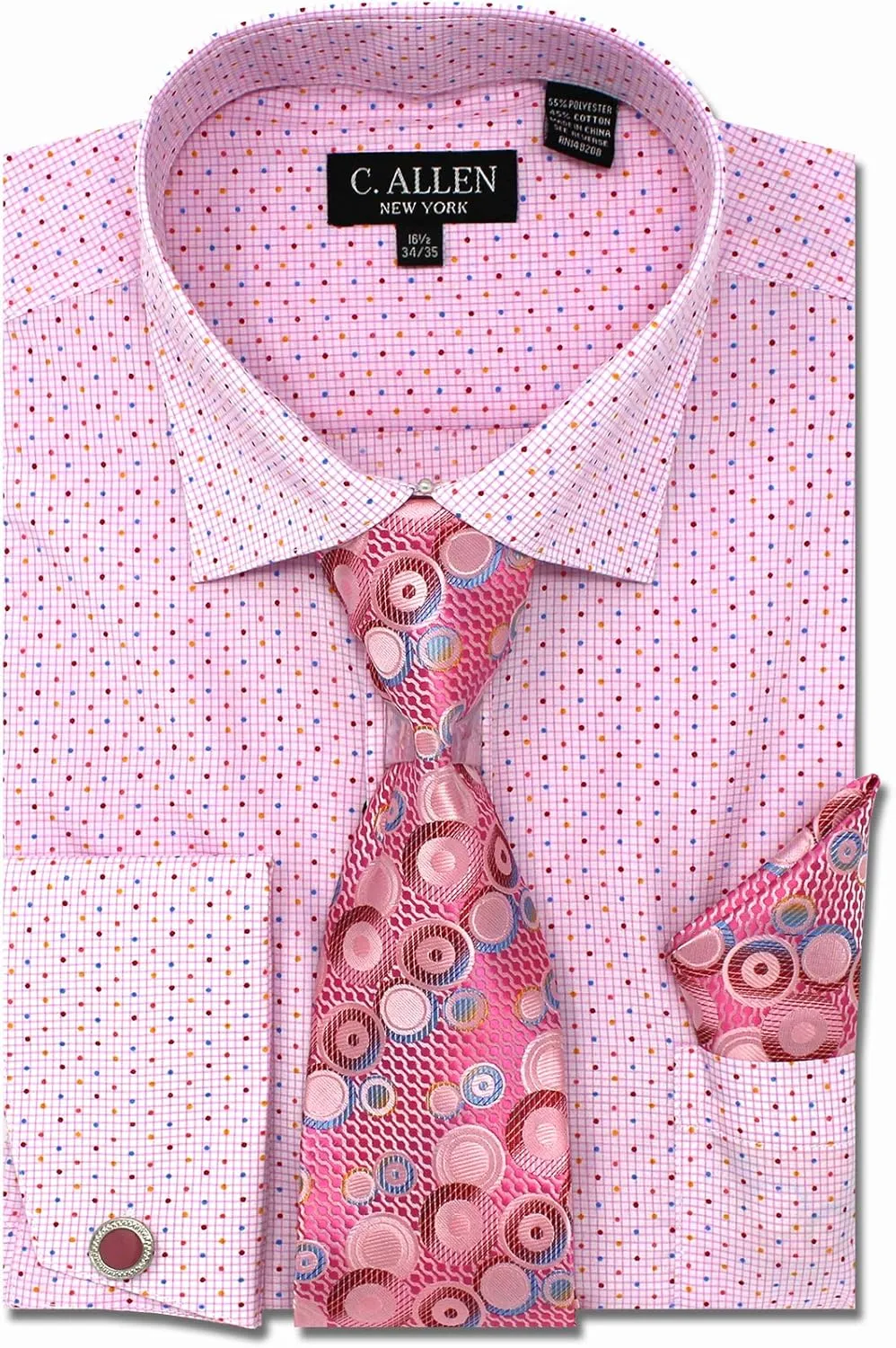 Men's Checks Dot Printed Regular Fit French Cuffs Dress Shirts with Tie Hanky Cufflinks Combo
