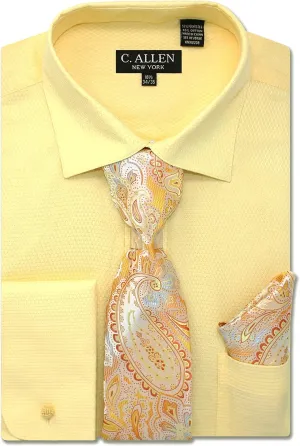 Men's Solid Micro Pattern Regular Fit Long Sleeve Dress Shirts with Tie Hanky Cufflinks French Cuffs Combo