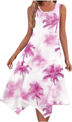 Midi Dress for Women 2025 Summer Beach Vacation Sundresses Coconut Tree Printed Round Neck Sleeveless Tank Dress