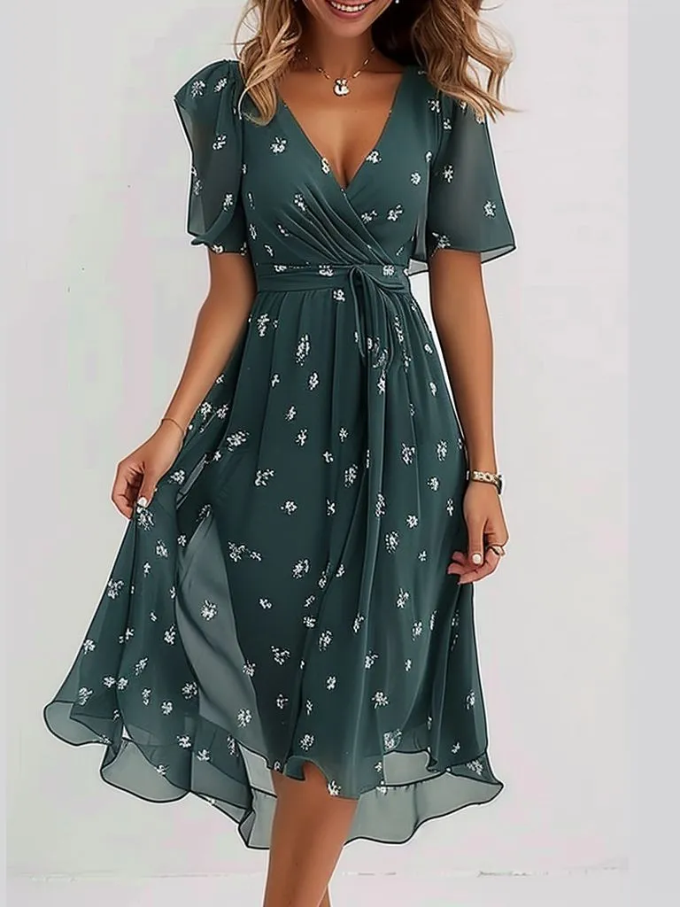 OLIVIA SHORT SLEEVE GREEN MIDI DRESS