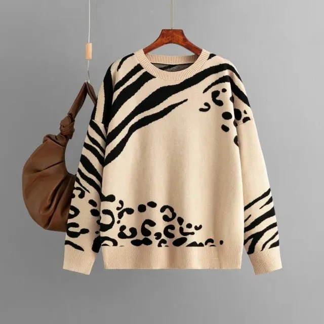 Pre Order:  Contrast Leopard Zebra Knit Sweater