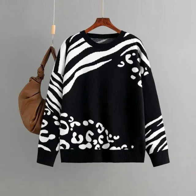Pre Order:  Contrast Leopard Zebra Knit Sweater