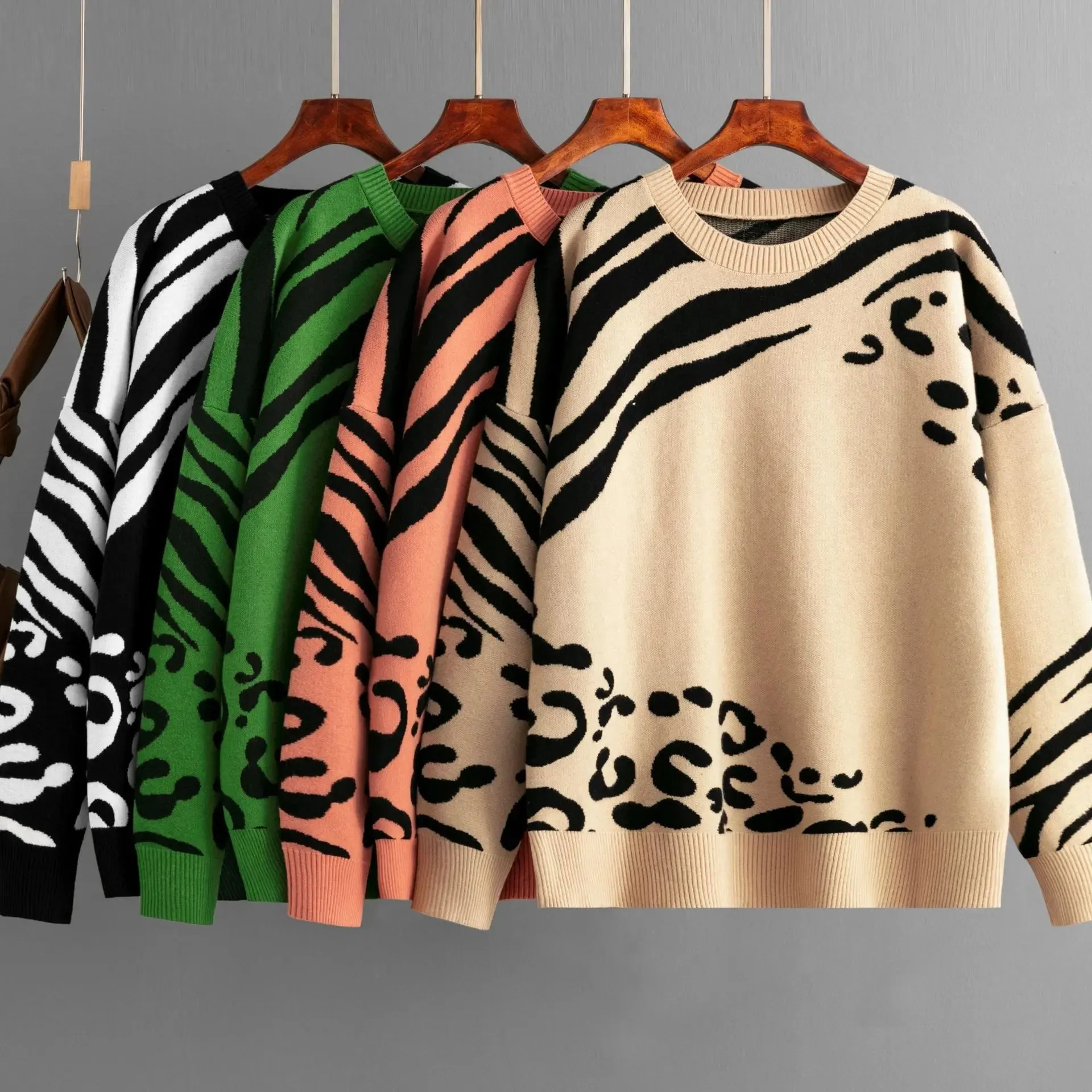 Pre Order:  Contrast Leopard Zebra Knit Sweater