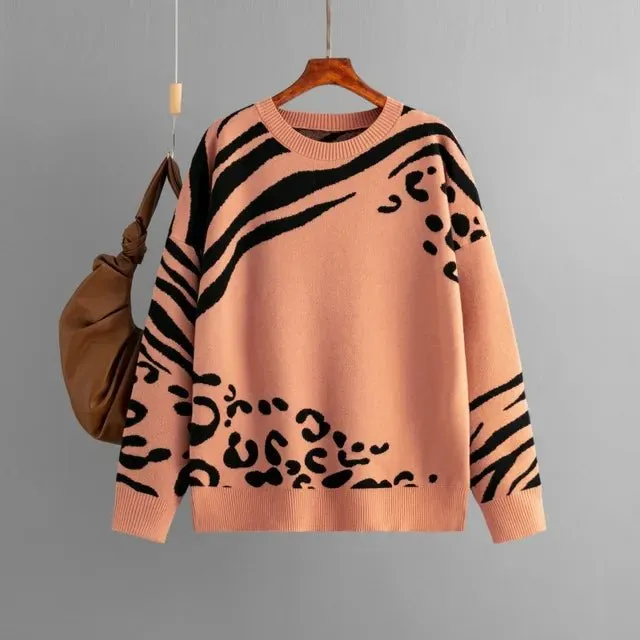 Pre Order:  Contrast Leopard Zebra Knit Sweater