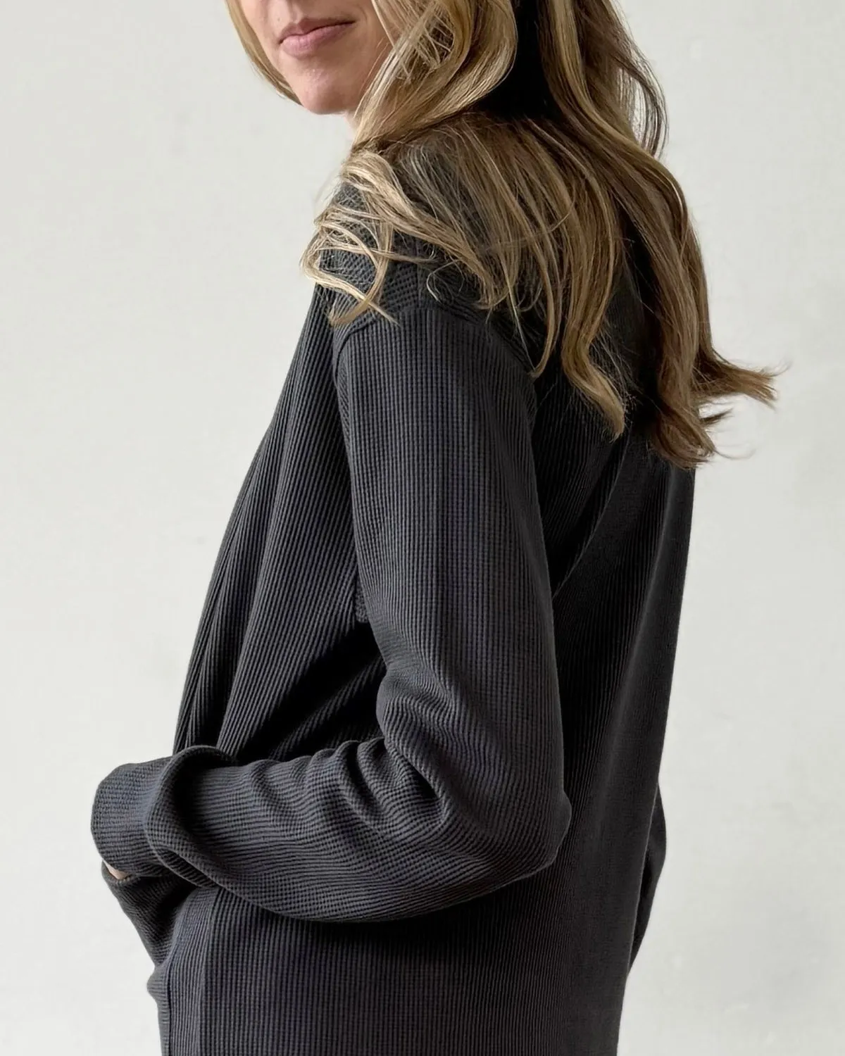 PREORDER waffle knit cardigan in Charcoal Blue