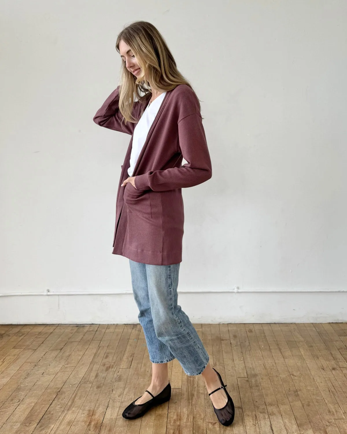 PREORDER waffle knit cardigan in Muted Fig