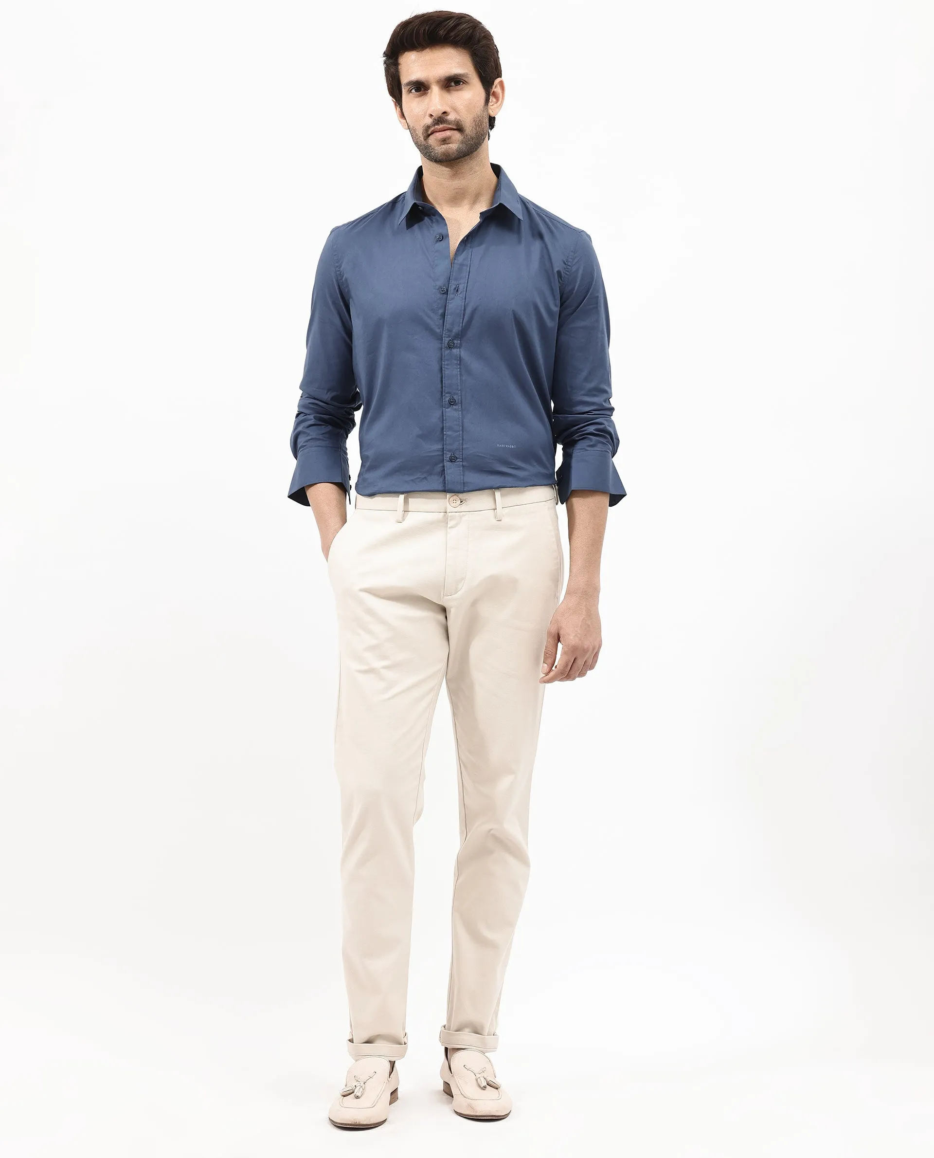 Rare Rabbit Men's Fullsleen Dark Blue Cotton Fabric Full Sleeves Collared Neck Regular Fit Solid Shirt