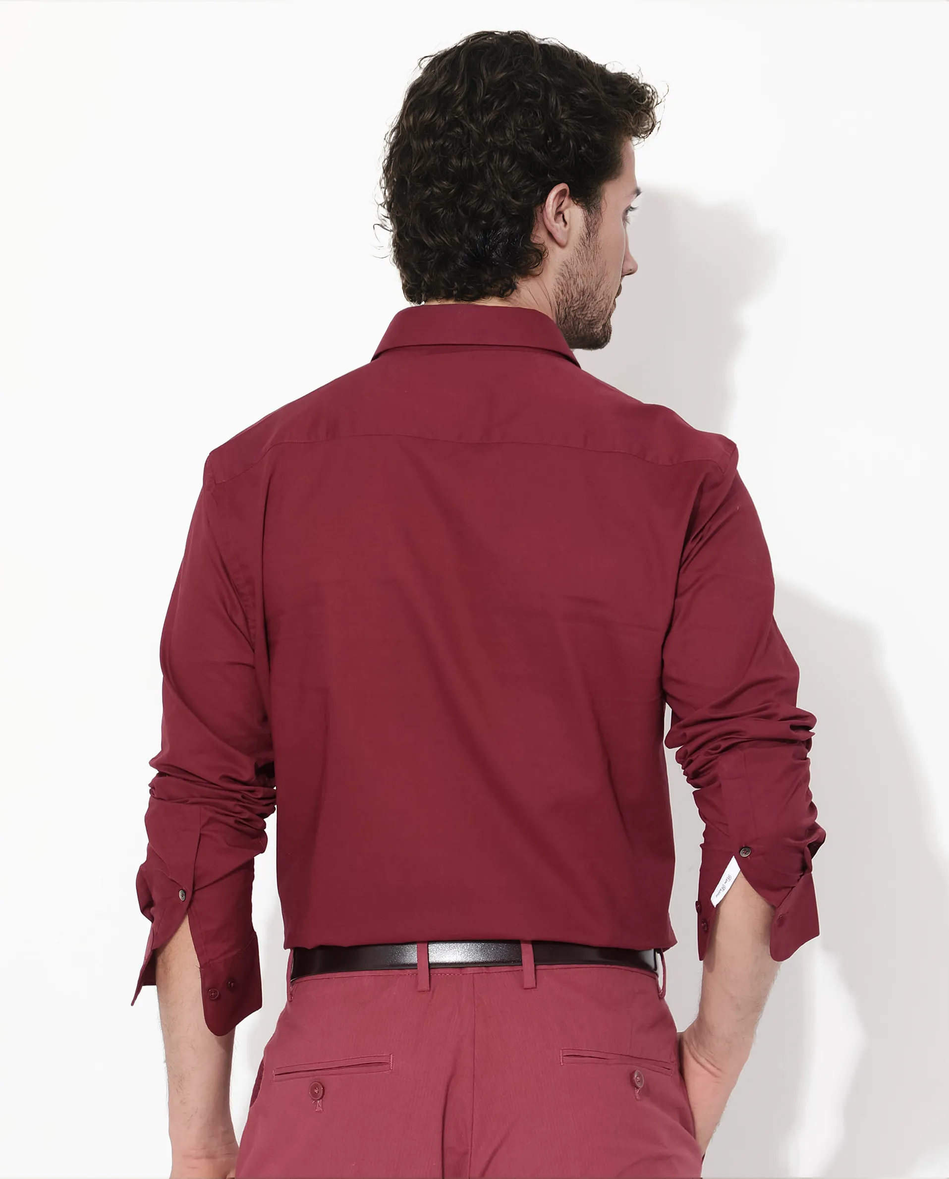 Rare Rabbit Men's Fullsleen Dark Red Cotton Fabric Full Sleeves Collared Neck Regular Fit Solid Shirt