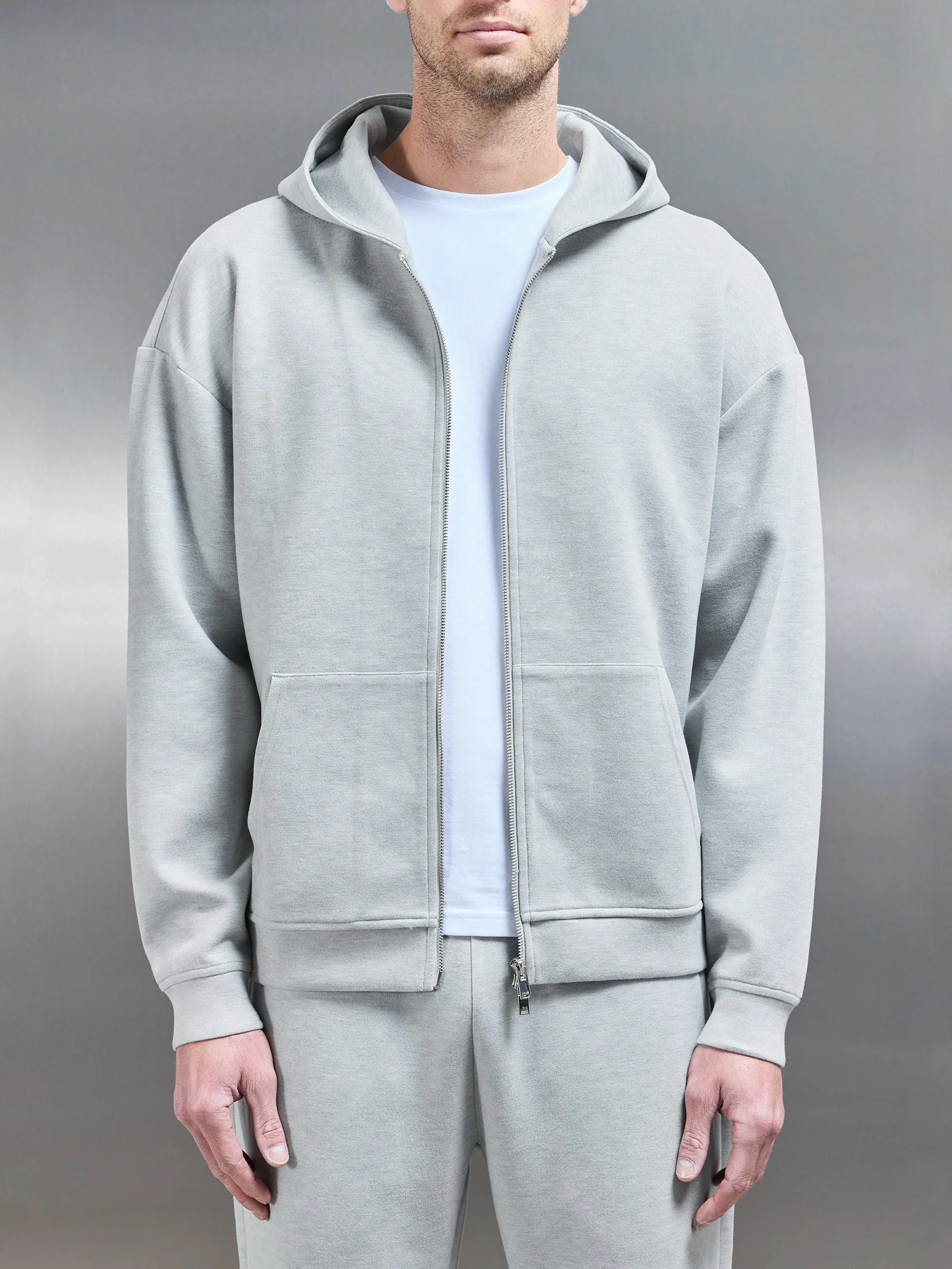 Relaxed Fit Knitted Zip Through Hoodie in Marl Grey