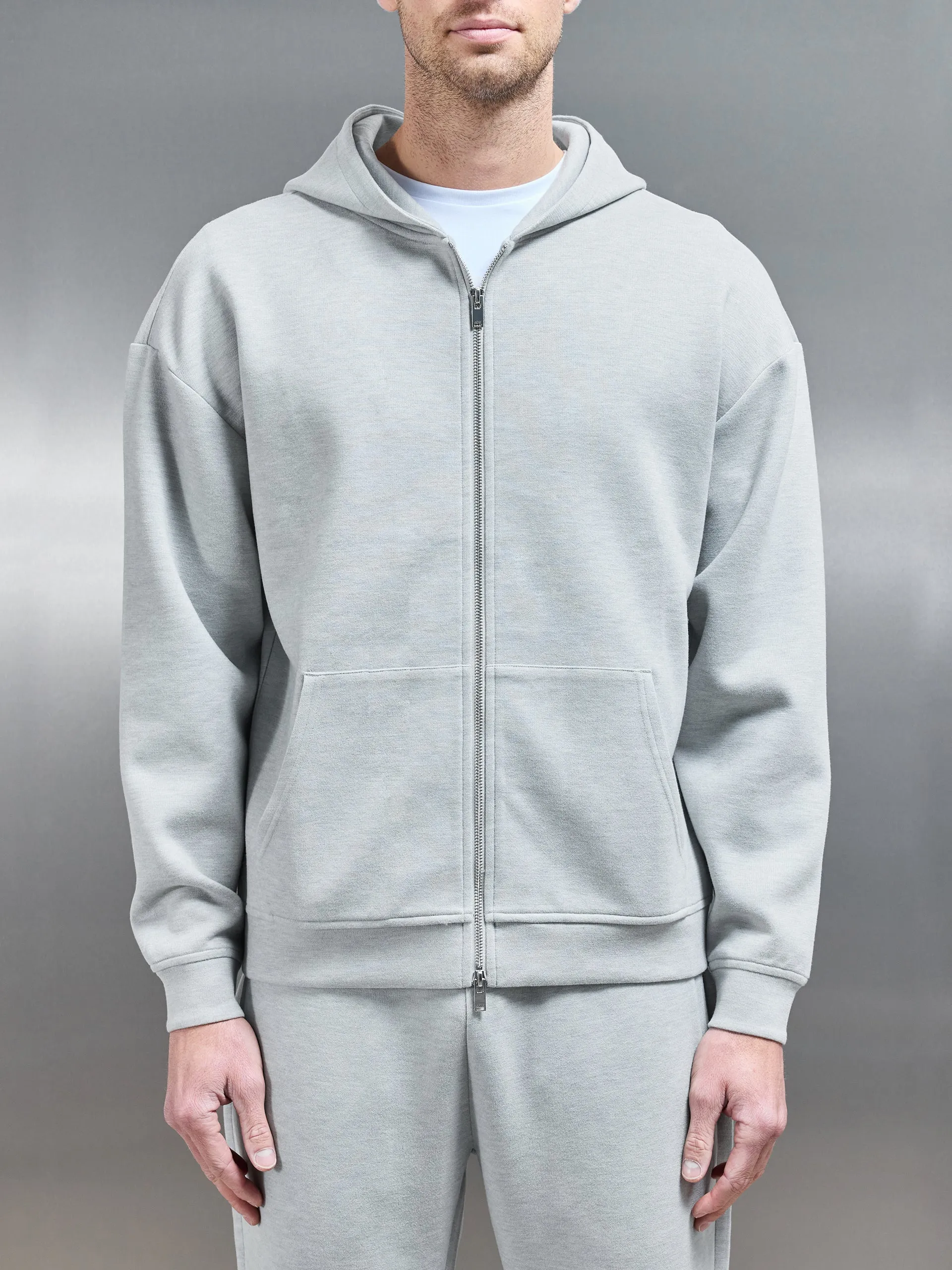 Relaxed Fit Knitted Zip Through Hoodie in Marl Grey