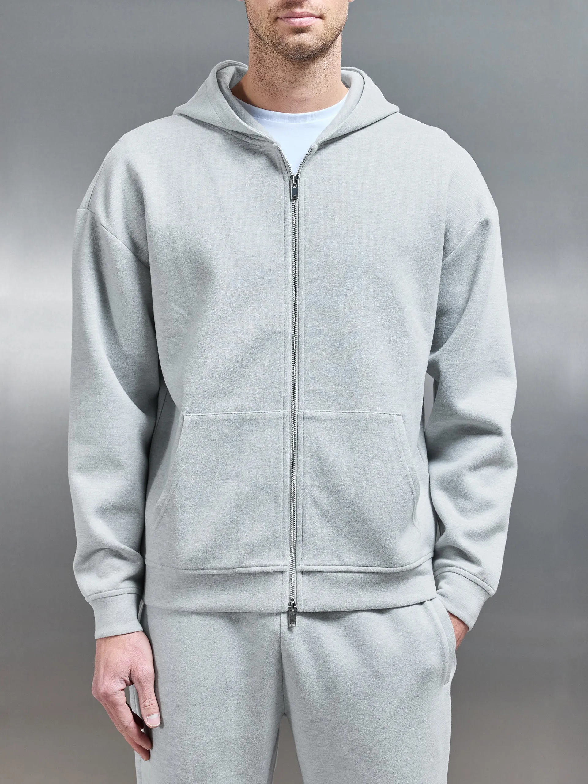 Relaxed Fit Knitted Zip Through Hoodie in Marl Grey