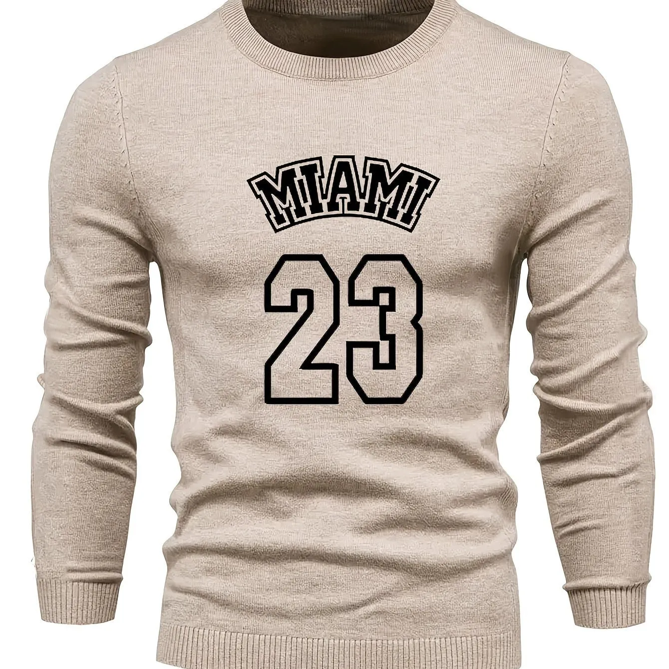 Retro MIAMI Pattern Knitted Sweater, Men's Casual Warm Mid Stretch Crew Neck Pullover Sweater For Men Fall Winter