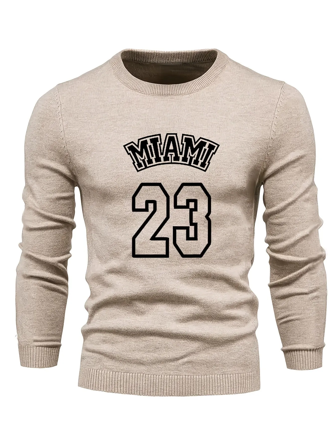 Retro MIAMI Pattern Knitted Sweater, Men's Casual Warm Mid Stretch Crew Neck Pullover Sweater For Men Fall Winter