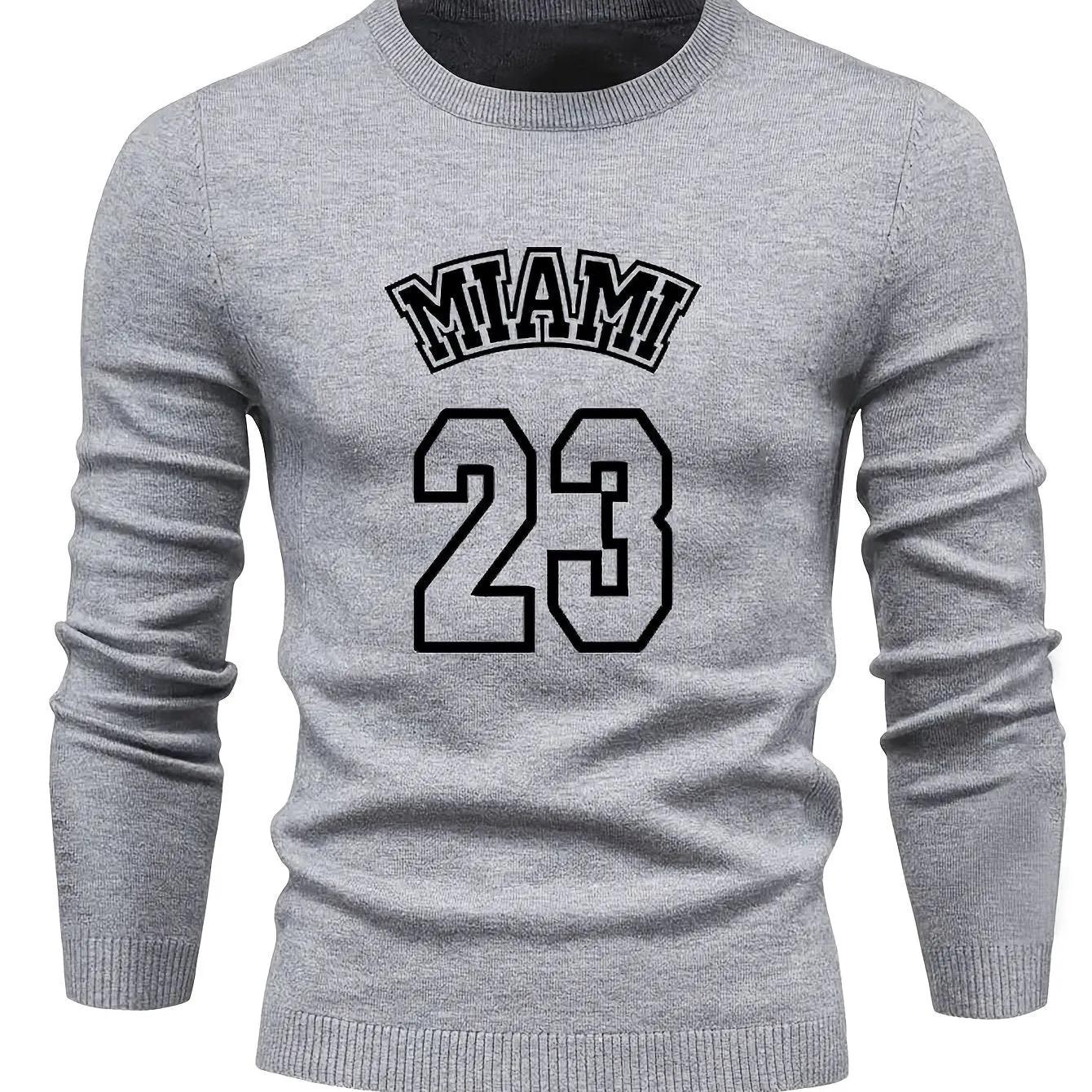 Retro MIAMI Pattern Knitted Sweater, Men's Casual Warm Mid Stretch Crew Neck Pullover Sweater For Men Fall Winter