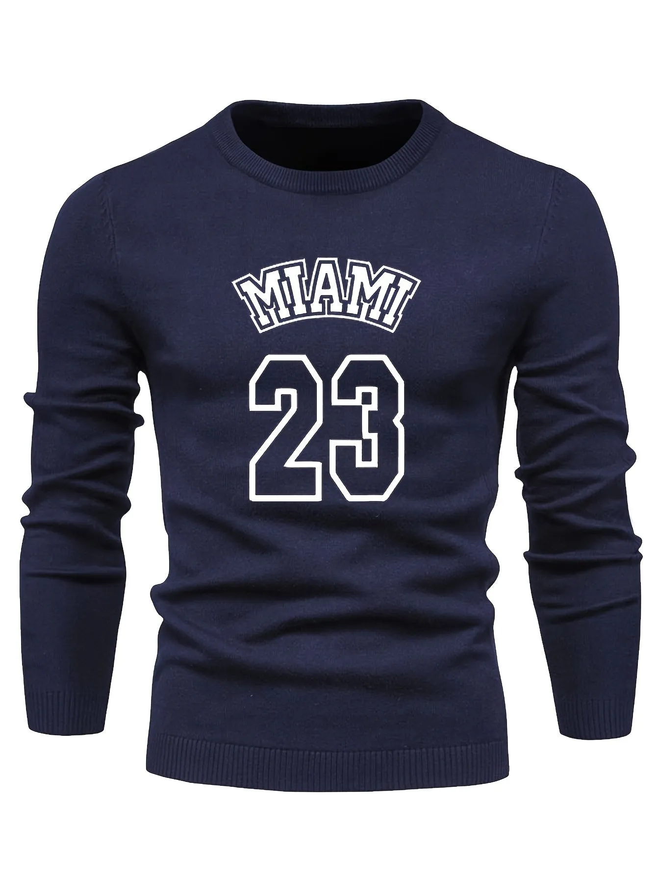 Retro MIAMI Pattern Knitted Sweater, Men's Casual Warm Mid Stretch Crew Neck Pullover Sweater For Men Fall Winter