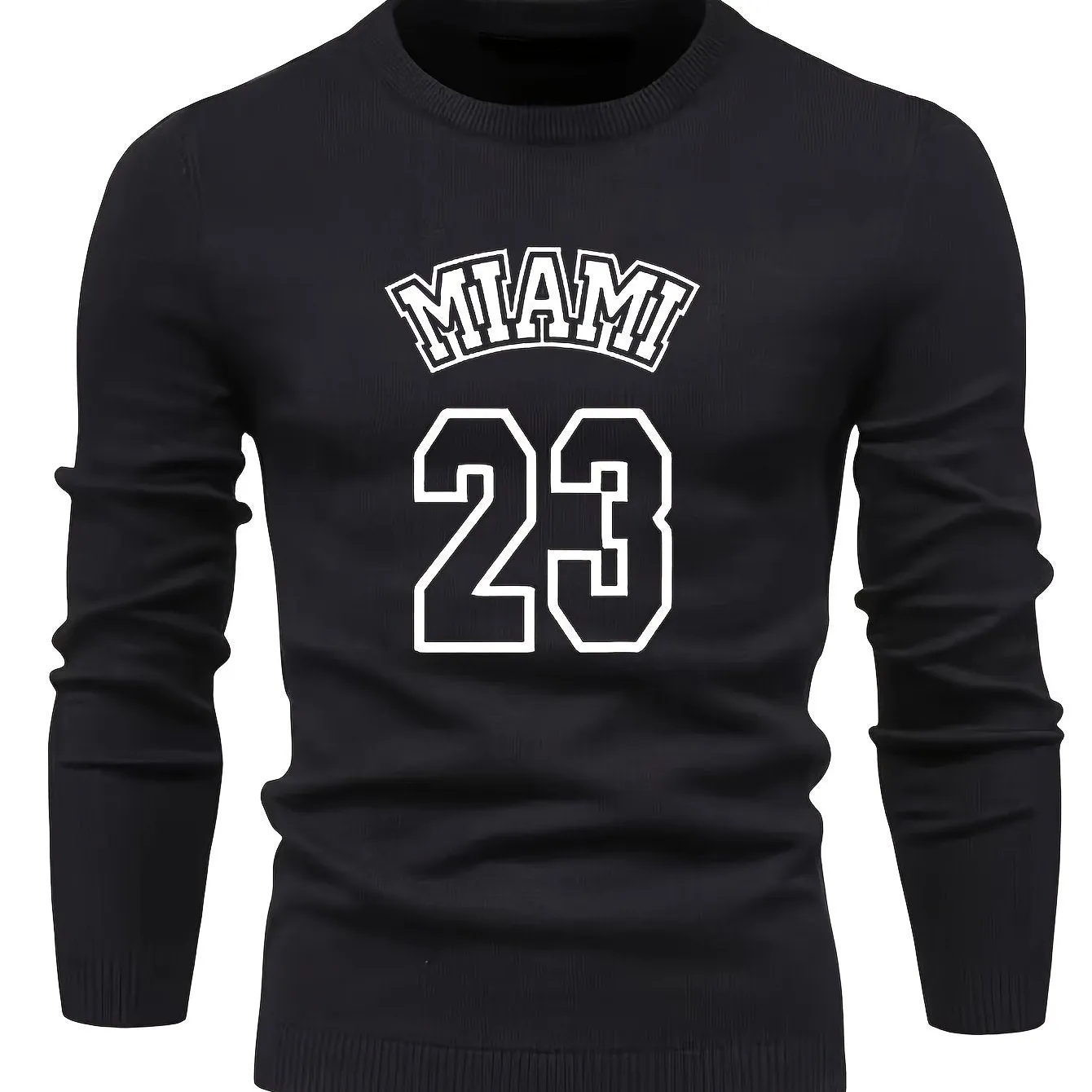 Retro MIAMI Pattern Knitted Sweater, Men's Casual Warm Mid Stretch Crew Neck Pullover Sweater For Men Fall Winter
