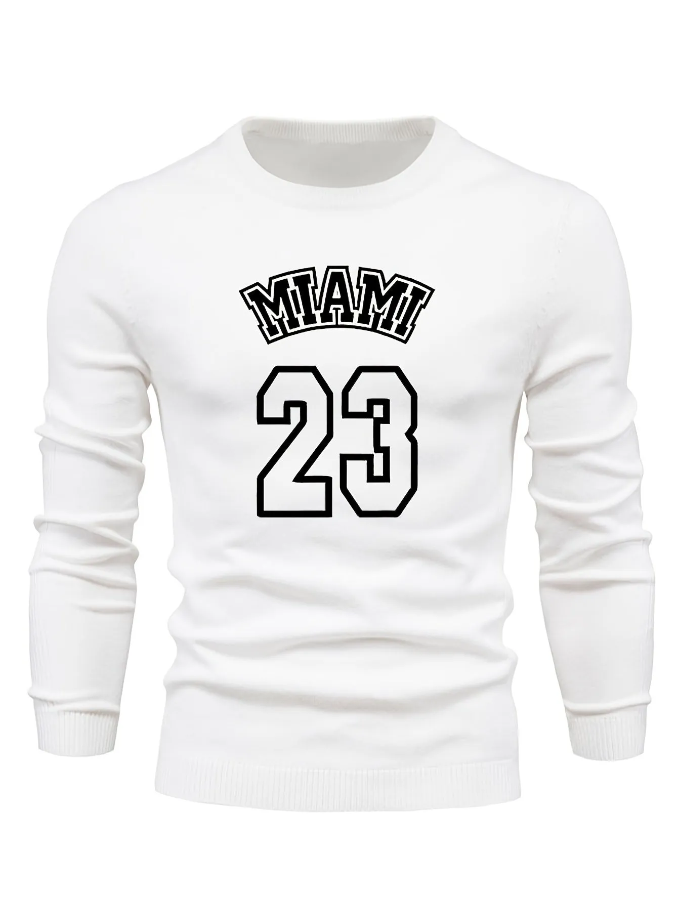 Retro MIAMI Pattern Knitted Sweater, Men's Casual Warm Mid Stretch Crew Neck Pullover Sweater For Men Fall Winter