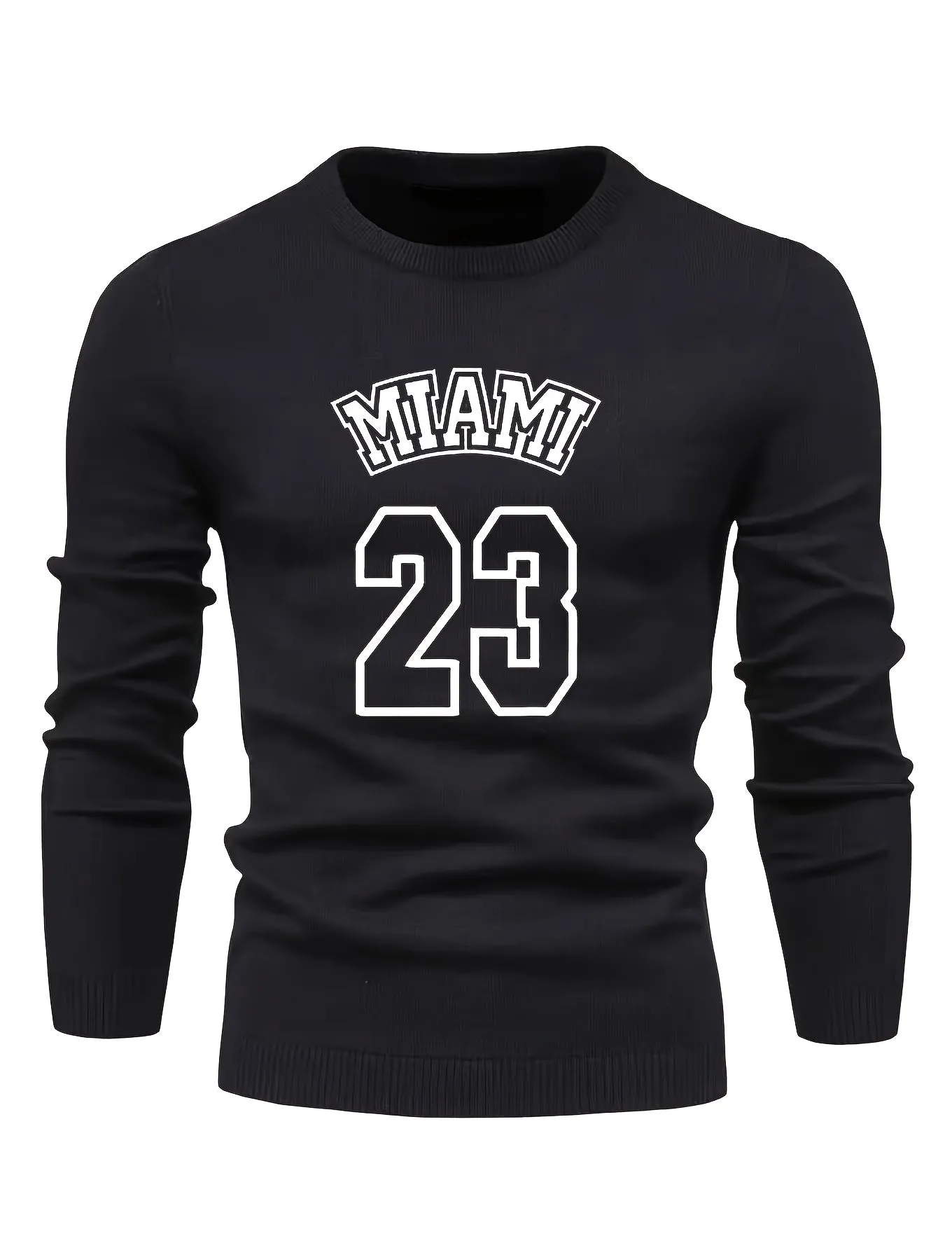 Retro MIAMI Pattern Knitted Sweater, Men's Casual Warm Mid Stretch Crew Neck Pullover Sweater For Men Fall Winter