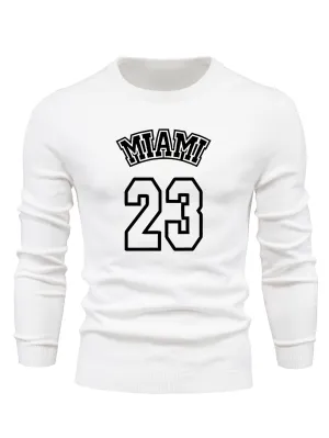 Retro MIAMI Pattern Knitted Sweater, Men's Casual Warm Mid Stretch Crew Neck Pullover Sweater For Men Fall Winter