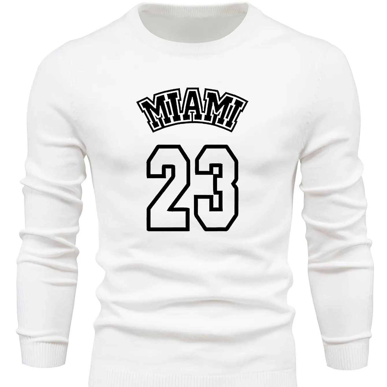 Retro MIAMI Pattern Knitted Sweater, Men's Casual Warm Mid Stretch Crew Neck Pullover Sweater For Men Fall Winter