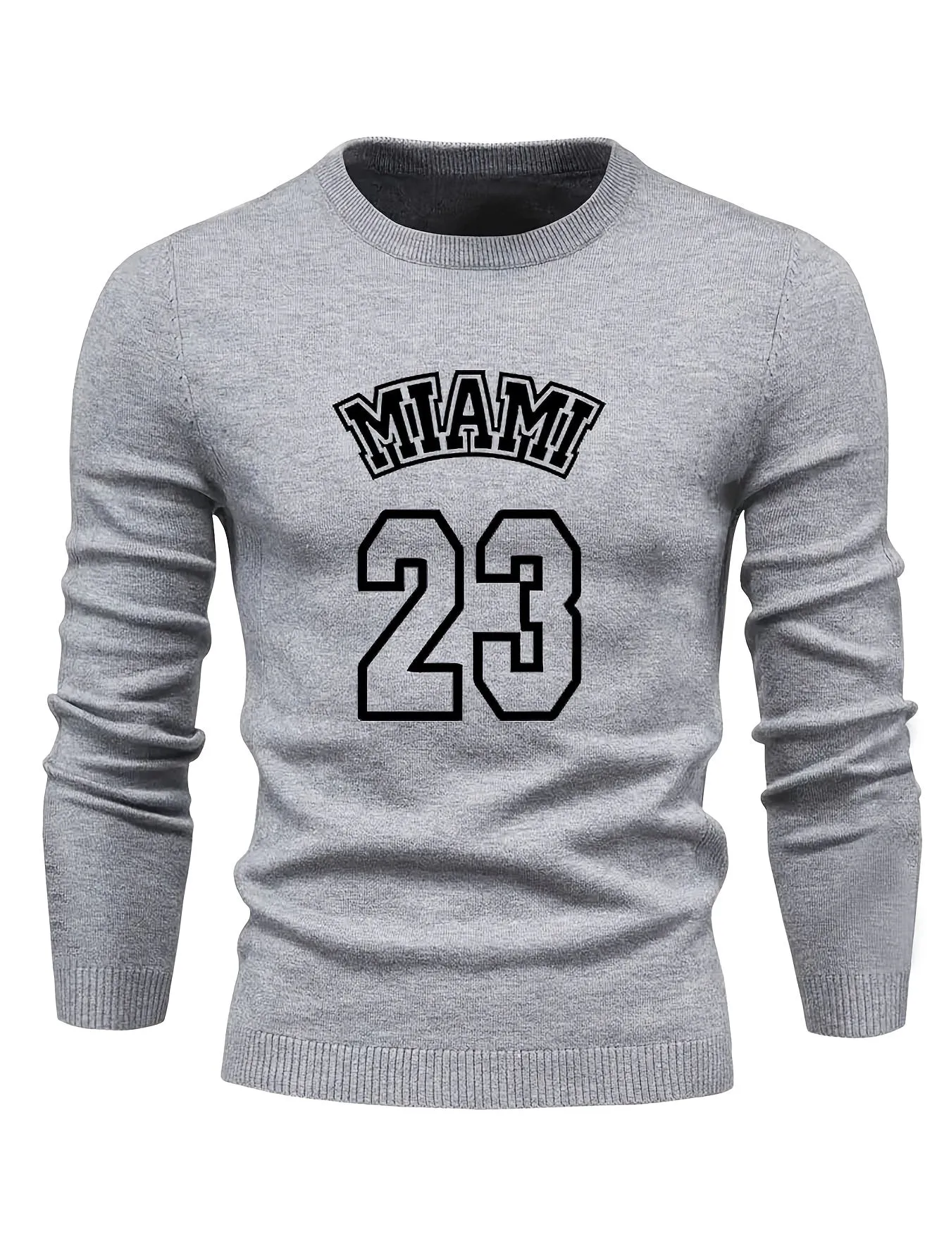 Retro MIAMI Pattern Knitted Sweater, Men's Casual Warm Mid Stretch Crew Neck Pullover Sweater For Men Fall Winter