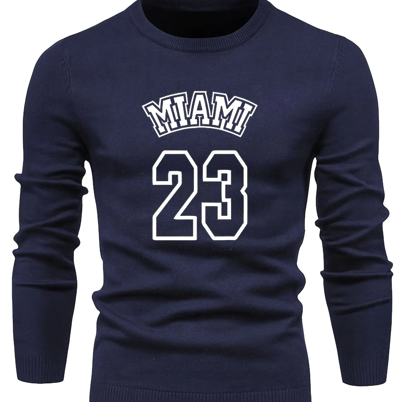 Retro MIAMI Pattern Knitted Sweater, Men's Casual Warm Mid Stretch Crew Neck Pullover Sweater For Men Fall Winter