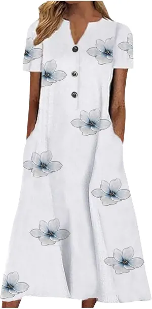 Short Sleeve Dress, Women's Summer Casual Fashion Printed Short Sleeve 2022 O-Neck Pocket Dress