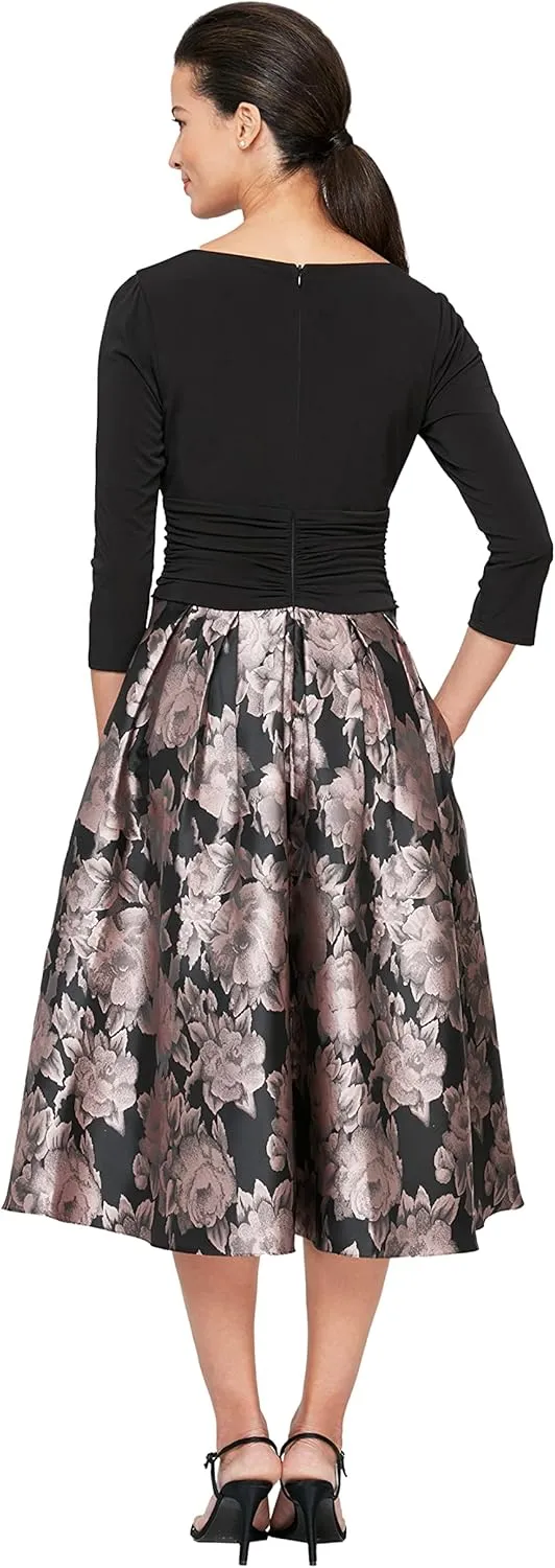 S.L. Fashions Women's Stretch Jersey Bodice Jacquard Floral Print Dress