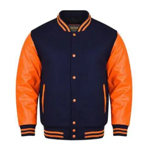 Spine Spark Navy Blue Wool Varsity Jacket Orange Leather Sleeves