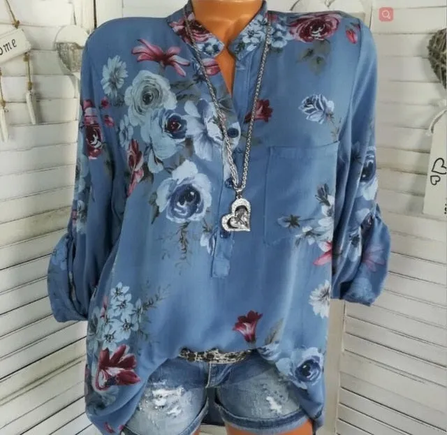 Stylish Casual Ladies' Long Sleeve V-neck Chiffon Blouse With Floral Print