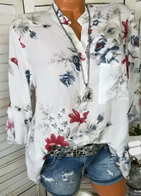 Stylish Casual Ladies' Long Sleeve V-neck Chiffon Blouse With Floral Print
