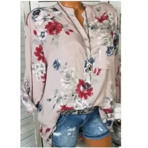 Stylish Casual Ladies' Long Sleeve V-neck Chiffon Blouse With Floral Print