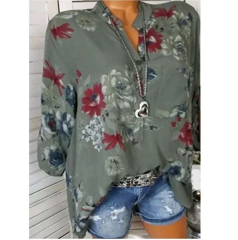 Stylish Casual Ladies' Long Sleeve V-neck Chiffon Blouse With Floral Print