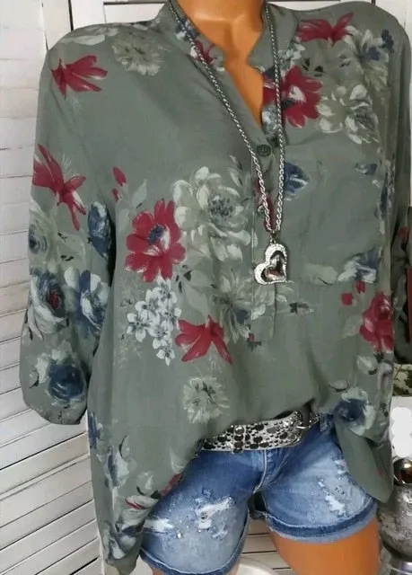 Stylish Casual Ladies' Long Sleeve V-neck Chiffon Blouse With Floral Print