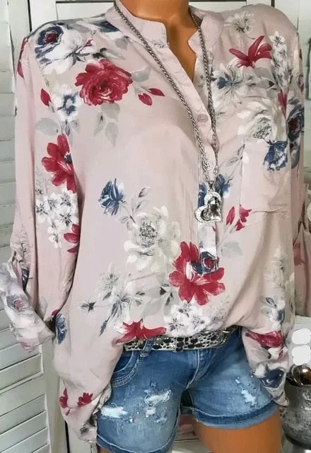 Stylish Casual Ladies' Long Sleeve V-neck Chiffon Blouse With Floral Print