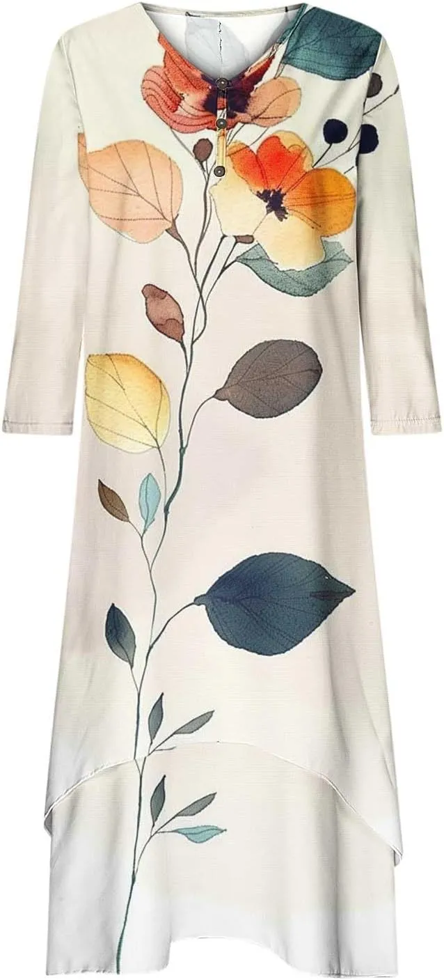 Summer Dresses for Women 2024 Vacation Plus Size 3/4 Sleeve Printed Dresses Button Down Irregular Ankle Length Dress